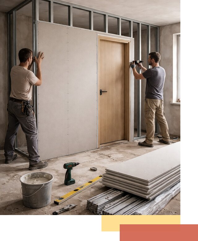 Перегородка из гипсокартона с дверью под ключ в Дальнереченске