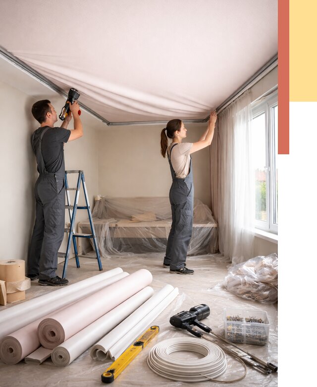 Монтаж цветного натяжного потолка в Дальнереченске от 4280 руб/м² — быстро и недорого | ОТДЕЛОЧНИК-Длн