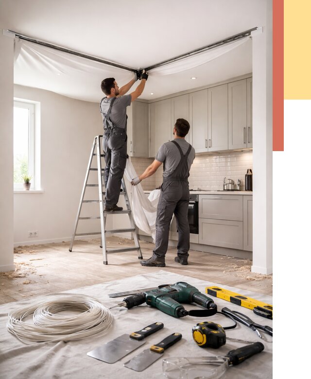 Установка натяжного потолка на кухне в Дальнереченске от 2446 руб. | ОТДЕЛОЧНИК-Длн