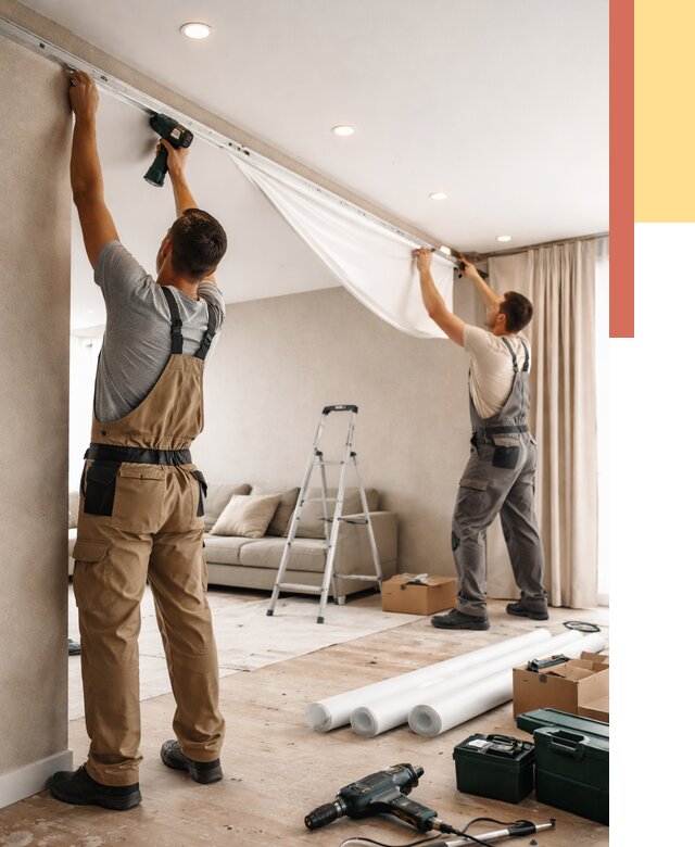 Монтаж натяжного потолка в гостиной в Дальнереченске от 560 руб. | ОТДЕЛОЧНИК-Длн